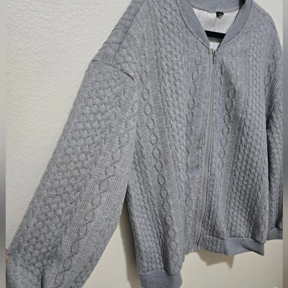 Cozy Gray Textured Zip-Up Sweater Bomber Jacket Size XXL - Picture 3 of 14